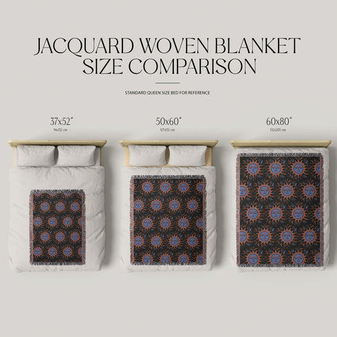 Luxurious woven cotton throw blanket featuring mystical blue sun faces with copper rays on black background, bordered by elegant fringe. Perfect celestial wall hanging, witchy bedroom decor, or dark academia throw for couch or bed.